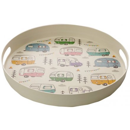 A large round bamboo tray featuring a Caravan Park themed printed decal 