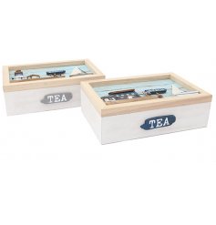  A mix of Coastal themed Tea Boxes made from natural wood 