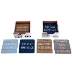 A quirky mix of natural wooden cup coasters complete with a Coastal inspired decal on each 