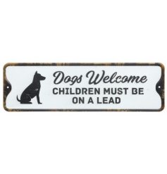  a vintage metal sign with a comical script text quote about kids and dogs 