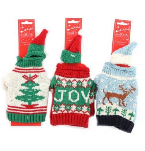 An assortment of festive themed knitted jumpers that will make any wine bottle look Christmassy 