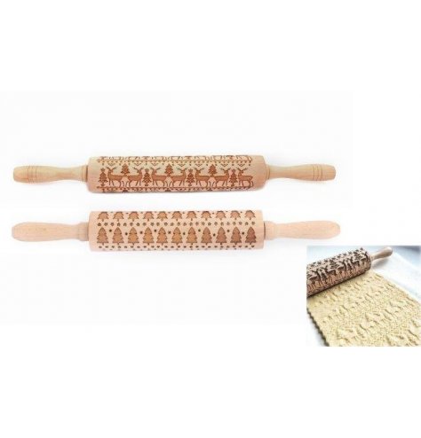 A fun and festive themed assortment of wooden rolling pins each set with a cut pattern design 