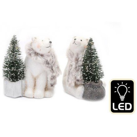Assorted Polar Bears With LED Trees, 12cm 