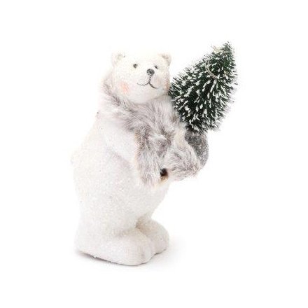 Standing Polar Bear With LED Tree, 16cm 