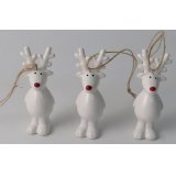 A hanging ceramic reindeer decoration complete with a festive red nose 