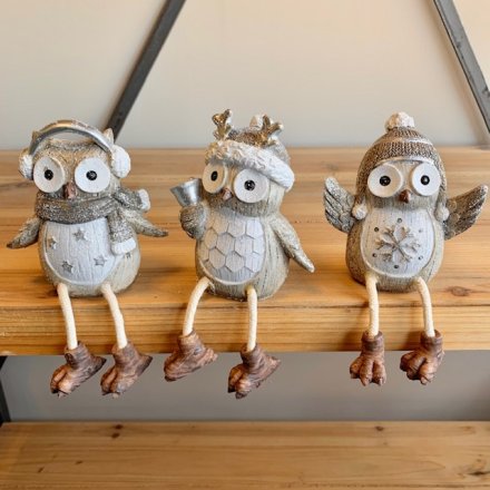 Silver & White Sitting Owls, 3 Assorted