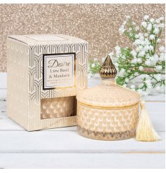  this Desire Noir Candle features a stylish ridged decal and tassel finish 