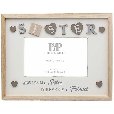  Decorated with Lettered squares, hearts and scripted text this Sentiments frame is sure to make any Sister smile 