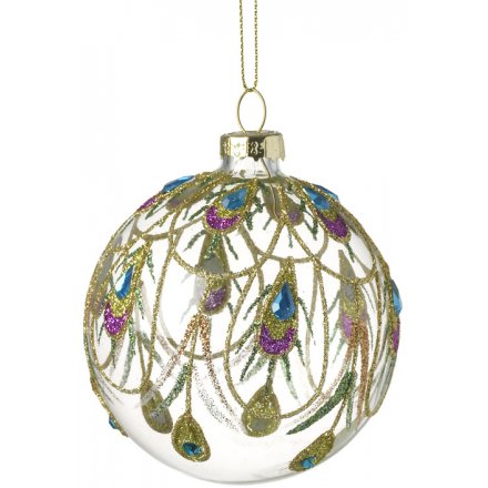 Glitter Peacock Feather Glass Bauble, 6.5cm 