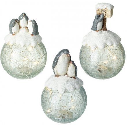 LED Glass Bauble With Penguins, 15cm 