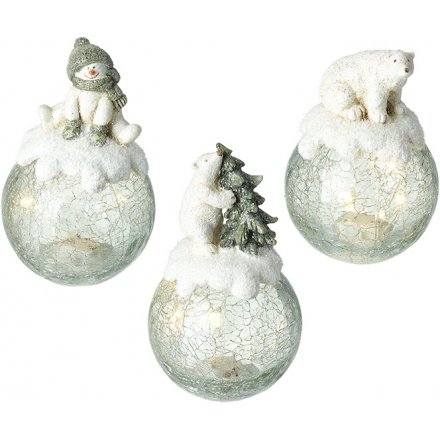 LED Glass Bauble With Snowmen & Bears, 15cm 