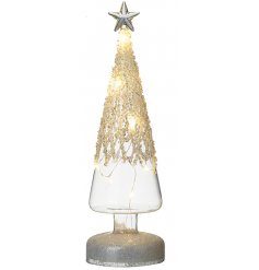 With a glittery bead decal and added glitzy touches, this warm glowing LED Centred Tree is must have for any home