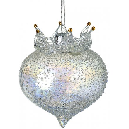 Silver Glitter Glass Crown Droplet Bauble, 9cm 