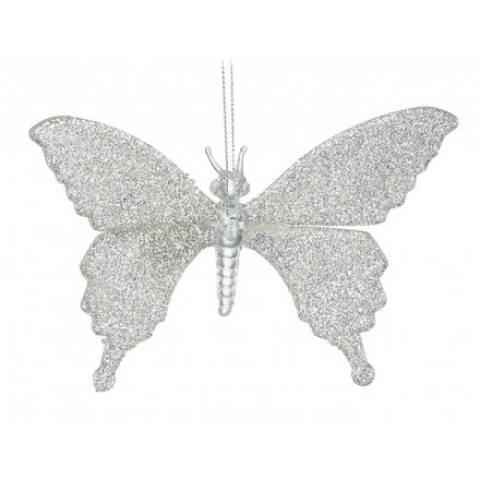 Silver Glitter Glass Butterfly, 14cm 