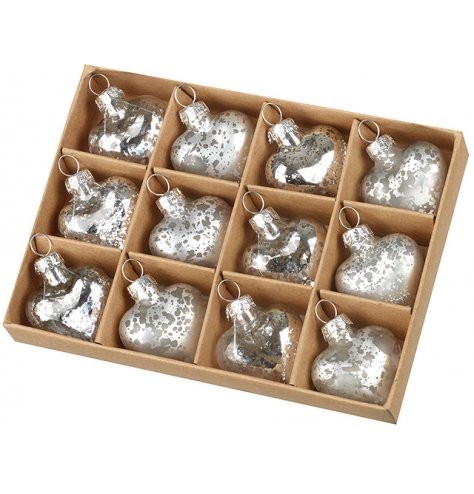 A set of 12 vintage glass hearts in matte and shiny finishes. Each has a mottled surface finish