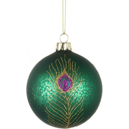 Luxe Green Peacock Feather Bauble, 8cm 