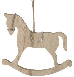 A simple natural wooden hanging rocking horse decoration with an added bejewelled glitter edging 