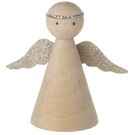 Natural Wood Angel With Glitter Wings, 9cm 