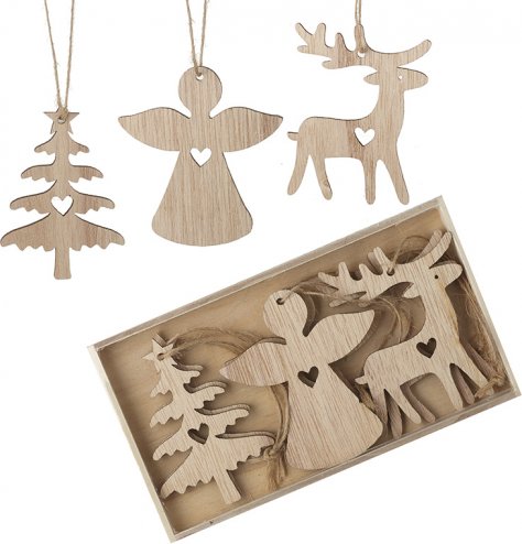 Natural wooden Christmas hangers in tree, angel and reindeer designs. Each has a miniature heart feature.