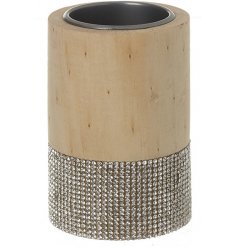 A simple natural wooden cylinder T-light holder with an added bejewelled glitter base 