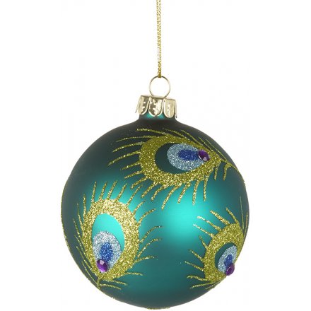 Glass Bauble With Glitter Feather Decal, 8cm 