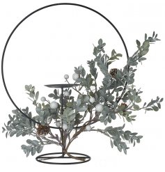  A gorgeous hoop candle holder entwined with an artificial pinecone and leaf branch decal 