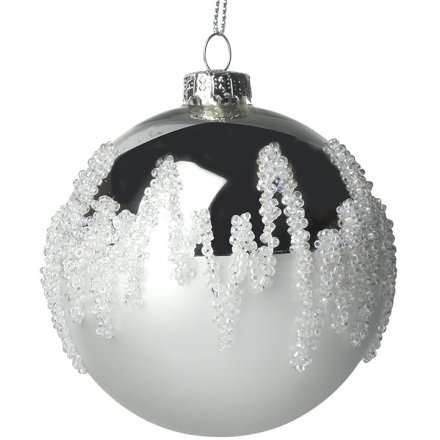 Beaded Silver Glass Bauble, 8cm 