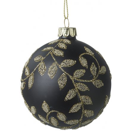 Black and Gold Leaf Glass Bauble, 8cm 