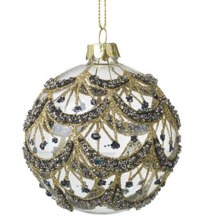 Black and Gold Glitter Glass Bauble, 8cm 