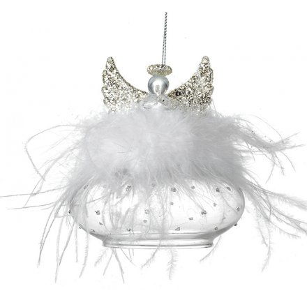Glass Angel Ornament With Feather and Glitter, 11.5cm 
