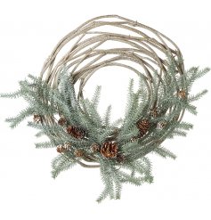 A woven twig wreath decorated with green pine needles and pinecones 