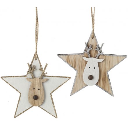 Hanging Wooden Reindeer Stars, 11cm 