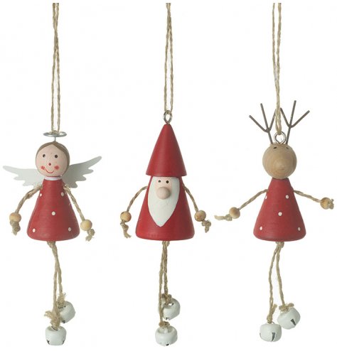 Nordic inspired cute and characterful angel, Santa and reindeer decorations. Each has dangling legs with jingle toes
