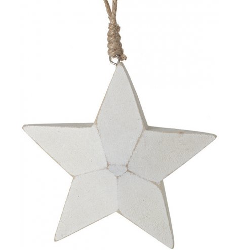 A chic white chunky star decoration. Complete with a distressed finish and rope hanger.