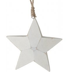 Set with a carving inspired decal and white wash finish, a wooden star with a chunky rope hanger 