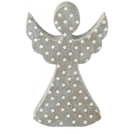 Rustic Wooden Angel With Stars, 17cm 