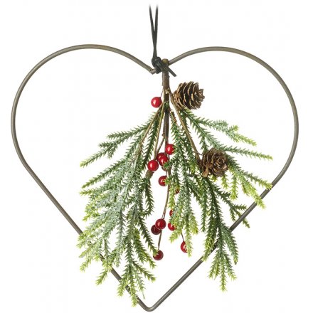 Wire Hanging Heart With Berries and Pine Needles, 25cm 