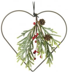 A hanging wire heart decorated with a beautiful Pine Needle Foliage with added pinecones and Berries 