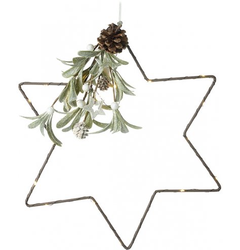 A unique star with twinkling lights. Complete with a mistletoe bunch decorated with stars and pinecones.
