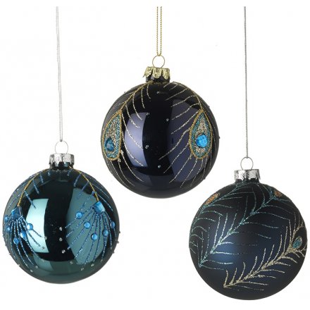 Luxe Peacock Feather Glass Baubles, 8cm 
