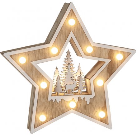 Wooden Star With LEDs and Woodland Scene, 30cm 