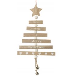   A simplistic hanging tiered wooden plaque with a festive scripted text decal 