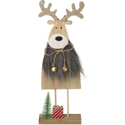 Standing Wooden Reindeer With Faux Fur Coat, 28cm 