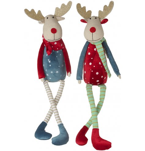 Cute and colourful reindeer shelf sitters each with luxurious fabric outfits in star and polka dot designs.