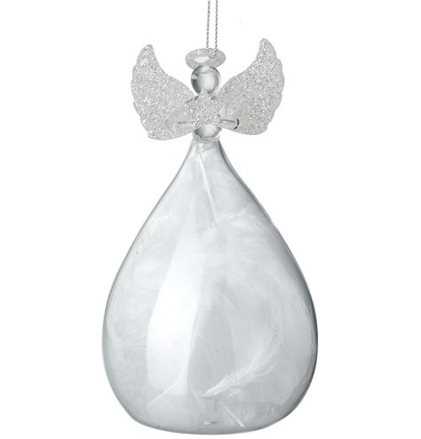 A beautiful glass angel hanger with a balloon skirt filled with white feathers.