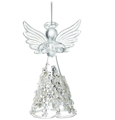 A stunning glass angel decoration adorned with sequins and beads. Complete with a star decoration and open wings.