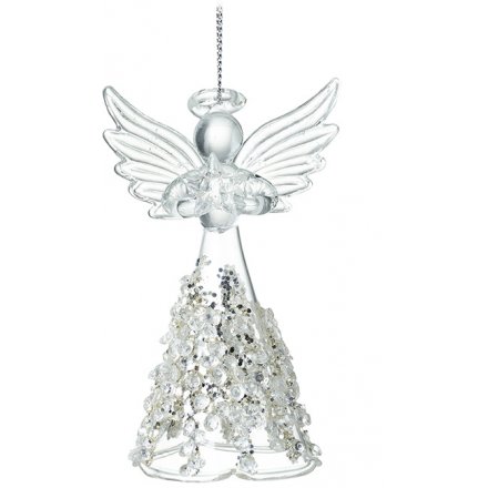 Glass Hanging Angel With Glitter Skirt, 9cm