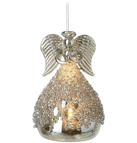 A fine quality glass angel hanger with a textured sequin skirt and LED light up function. 