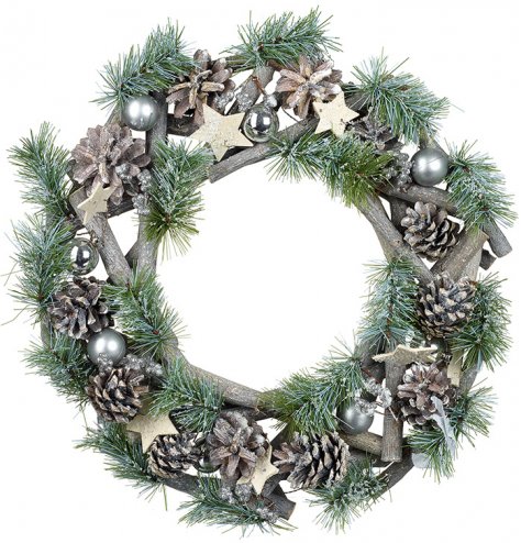 A beautifully rustic wreath with artificial foliage, pinecones and silver baubles.