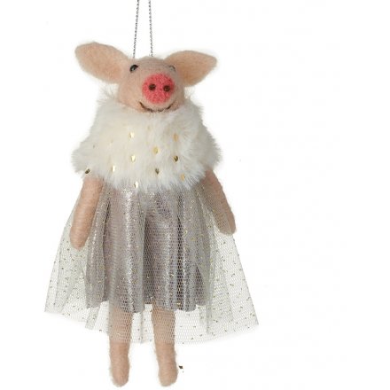 Hanging Woollen Pig In Skirt, 13cm 